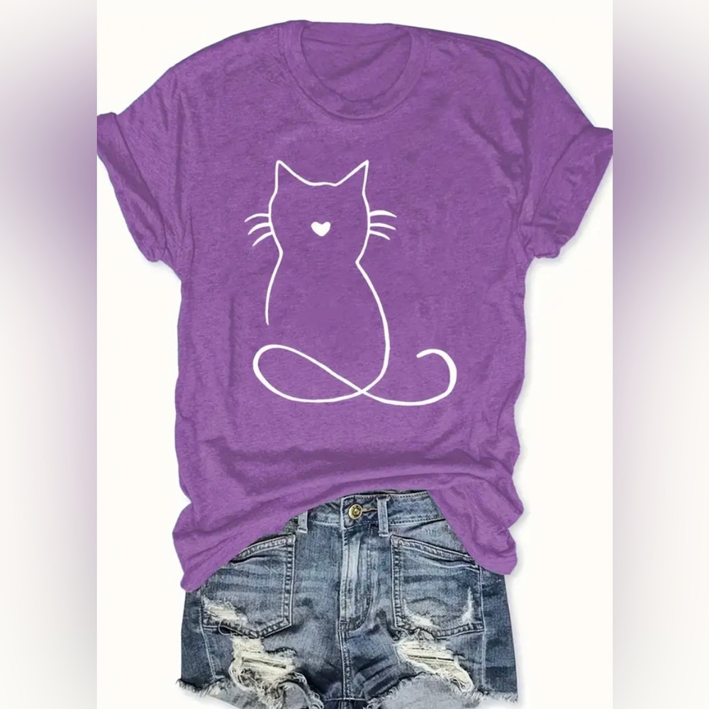 Women’s Purple Outlined Cat Crew Neck Short Sleeve TShirt. Various Sizes.